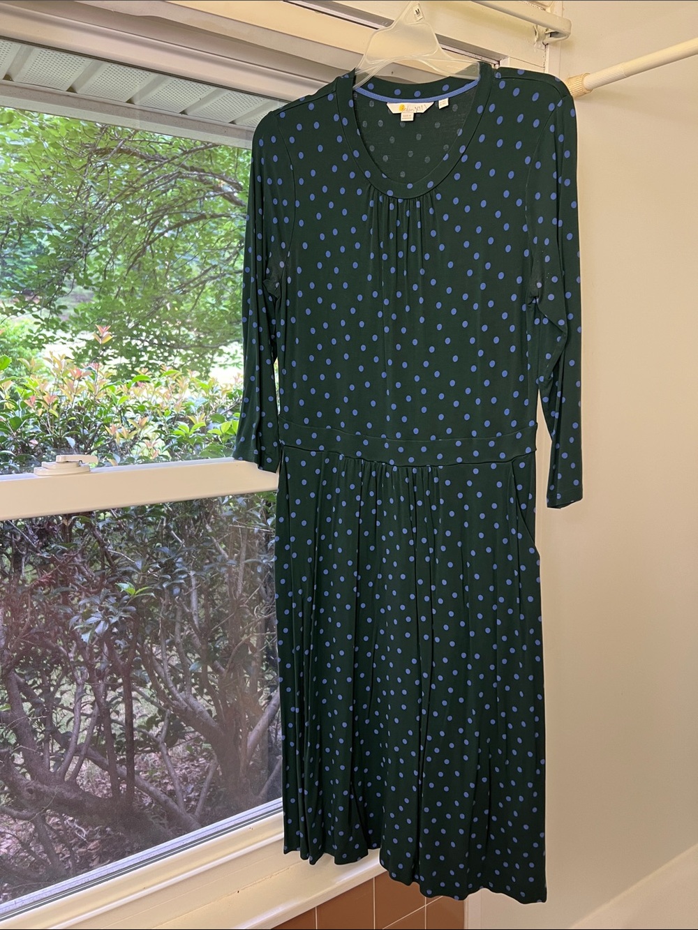 Boden Dark Green Dress with Blue Polka Dots — Long Sleeve